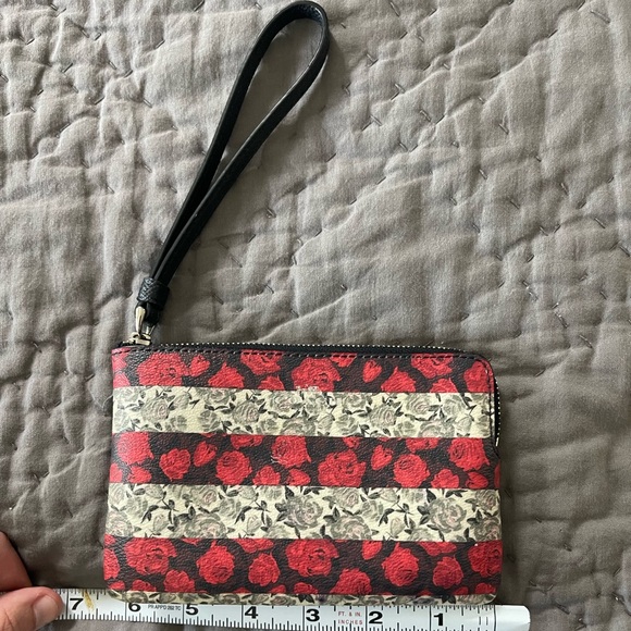 Coach Red Gray Floral Roses Striped Wristlet Black Leather Card Holder Bag - Picture 7 of 9